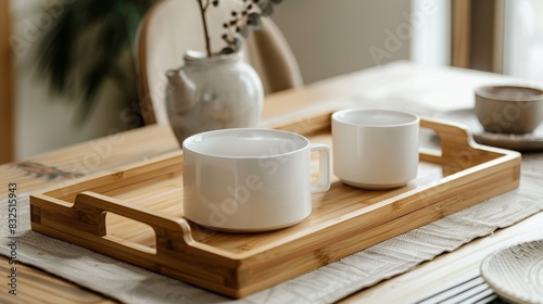 A bamboo serving tray with handles perfect for entertaining guests.