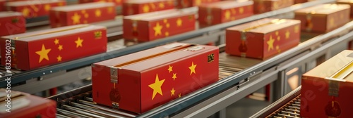 Chinese flag-patterned boxes on factory assembly line