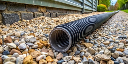 Stone and gravel encased drainage pipe in a French drain system