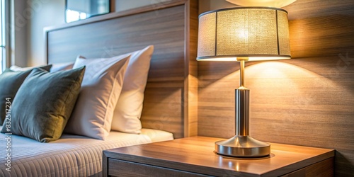Close-up of a sleek table lamp casting a warm glow in a modern bedroom