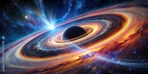 A dramatic scene of a black hole consuming a galaxy star and bending spacetime rings in outer space