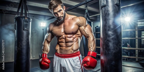 Shirtless muscular man boxer with red boxing gloves and white training shorts posing in the gym