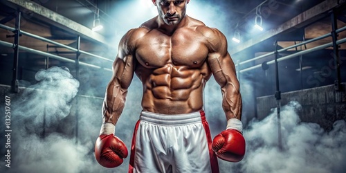 Muscular boxer in red gloves and white shorts posing in gym without shirt