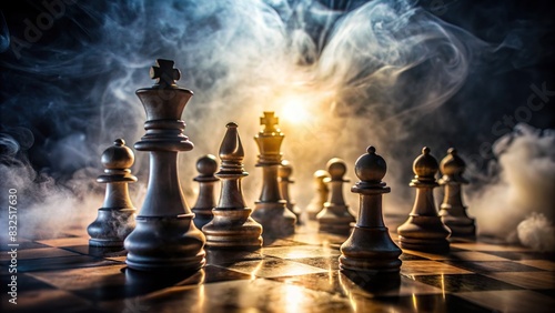Foggy atmosphere with chess pieces on a dark background