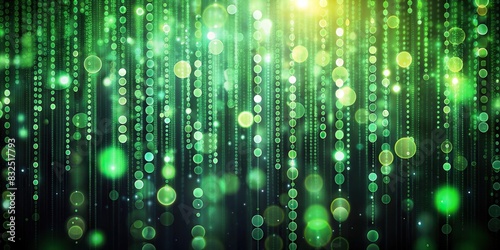 Binary code background with glowing green bokeh lights and scattered spots