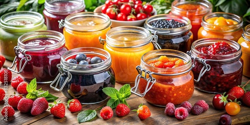 Colorful assortment of jams and preserves in glass jars, perfect for breakfast and dessert recipes