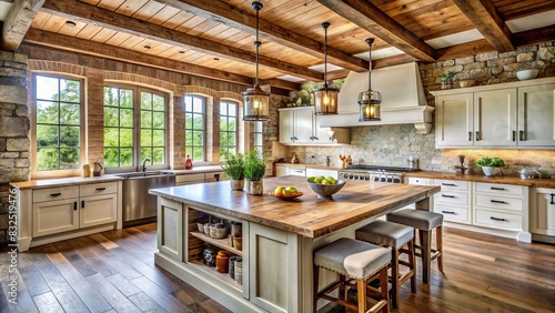 Rustic farmhouse kitchen with natural stone countertops and wooden beams