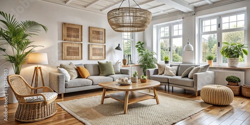 Cozy Scandinavian living room with rattan ceiling lamp and wooden furniture