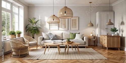 Neutral-toned Scandinavian living space with rattan light fixture and minimalist decor