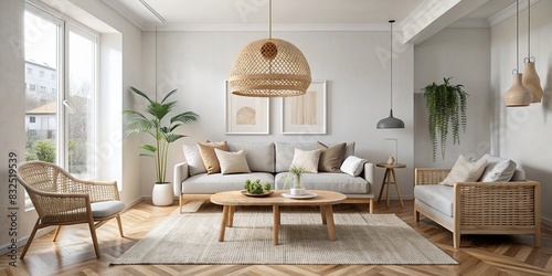 Neutral-toned Scandinavian living space with rattan light fixture and minimalist decor