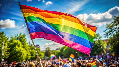 Colorful rainbow flag waving in the air at a pride festival