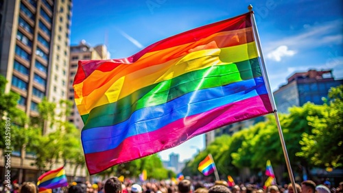 Colorful rainbow flag waving in the air at a pride festival