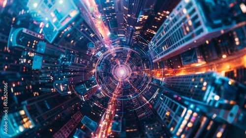 Futuristic holographic cityscape seen from a birds-eye view, blending with abstract swirls and geometric shapes, captured in an unexpected overhead angle