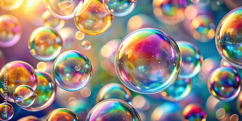 Colorful soap bubbles floating on a light background