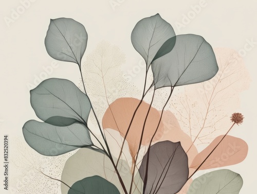 abstract botanical design, incorporating natural shapes and forms, nature colour palette, halftone print using ben day dots, harmonious balance, delicate textures