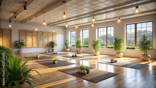 Empty yoga studio with soft lighting and plants creating a serene atmosphere