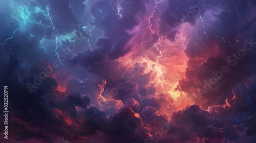 Illustrate a frontal view of a dramatic thunderstorm using animation styles merged with impressionism