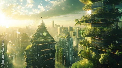 Illustrate a fantastical urban landscape denoting harmony between nature and technology