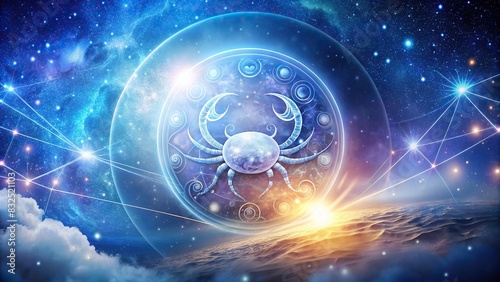 Dreamy and intuitive Cancer zodiac sign symbol on background of moon and stars