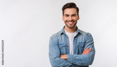 Confident caucasian young man in casual denim clothes with arms crossed looking at camera with toothy smile isolated in white background