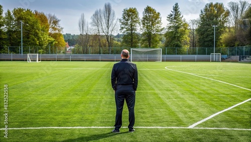 An empty soccer field with a coach observing from the sidelines