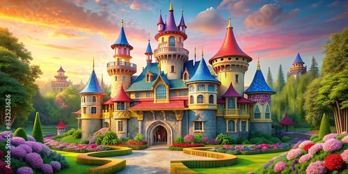 Fairy tale inspired princess castle with turrets and colorful roofs in a lush garden setting