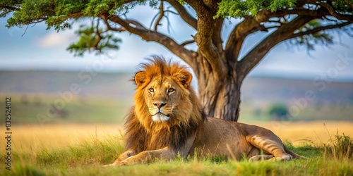 A majestic lion resting under a tree in the savannah