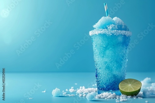 Icy blue slush with a straw and lime, served in a frosty glass for a cool, refreshing treat