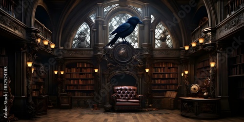 Library with Raven Murals and Mysterious Poems in an Unknown Language. Concept Library,Mural Art,Poetry,Mystery,Unknown Language