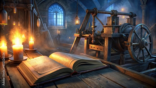 A close-up of a history textbook page about the invention of the printing press with an illustrated picture of a printing press, glowing softly in the background