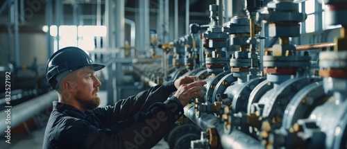 Industrial worker in hard hat and uniform operates valves and gauges at a factory