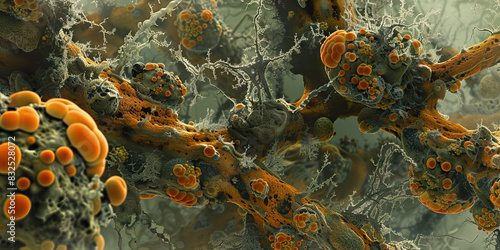 Filthy Fungal Infestation: Detailed microscopy of a filthy environment with fungal infestations, colored in moldy greens, moldy oranges, and decaying browns