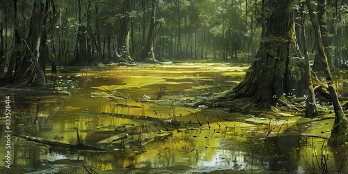 Squalid Sludge Swamp: High-resolution view of a squalid and slimy swamp environment, colored in murky greens, slimy yellows, and dirty browns