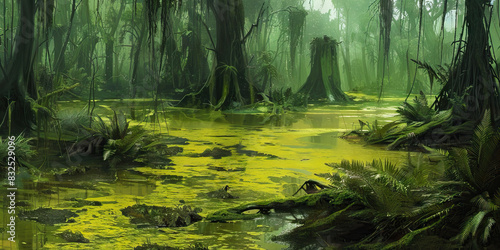 Squalid Sludge Swamp: High-resolution view of a squalid and slimy swamp environment, colored in murky greens, slimy yellows, and dirty browns