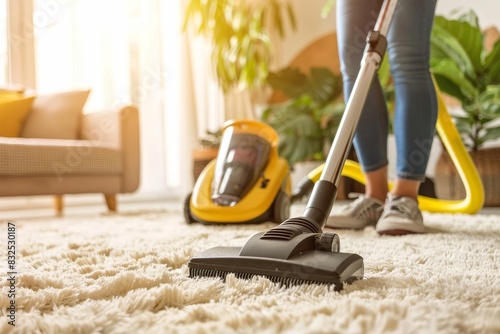 Clean home with energetic individual utilizing vacuum cleaner to eliminate dust and debris from their rug