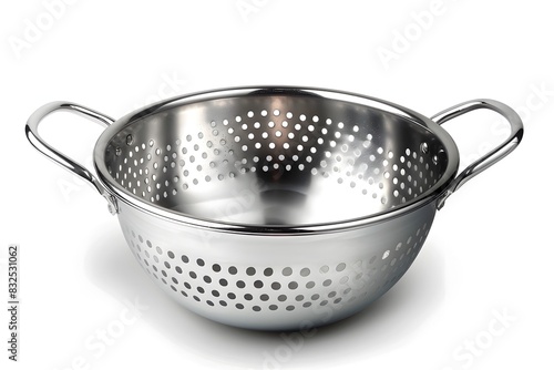 A stainless steel colander isolated on a white background a common kitchen utensil used for draining and rinsing