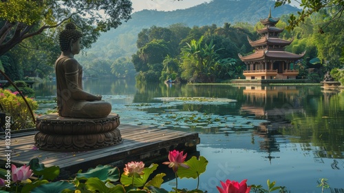 A serene scene with a meditating Buddha statue overlooking a tranquil lake with lotus flowers and a pagoda in the distance.
