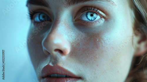 Close up of a person with striking blue eyes, suitable for various projects
