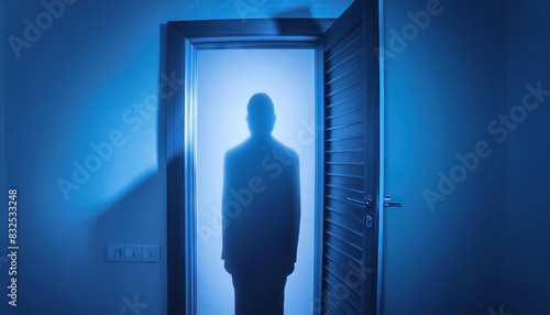 Blurred shadow in blue light outside the door. The concept of nightmares, ghosts, horror, paranormal