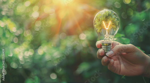 Mão segurando uma lâmpada com uma árvore dentro sobre um fundo verde, representando a energia sustentável e o meio ambiente