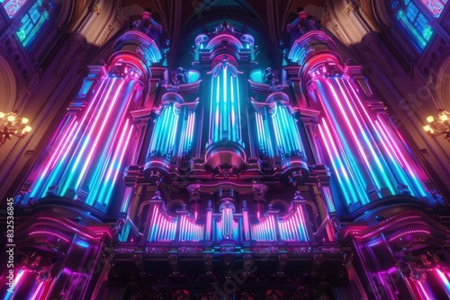 A vibrant pipe organ inside a church, ideal for religious themes