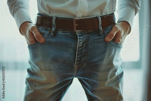 A man in a white shirt and jeans with his hands in his pockets. Suitable for fashion and casual lifestyle concepts