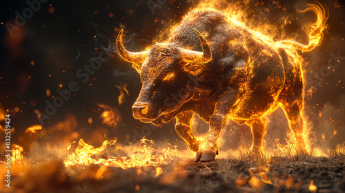 Animal illustration, Bull runs on fire. Business concept for bullfighting in Spain. Unusual image. Dark background on fire.
