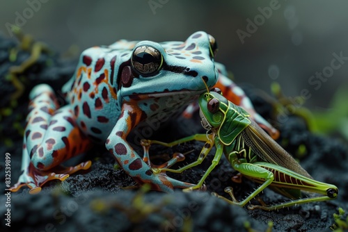 A frog and a grasshopper sitting together on a rock, a peaceful coexistence