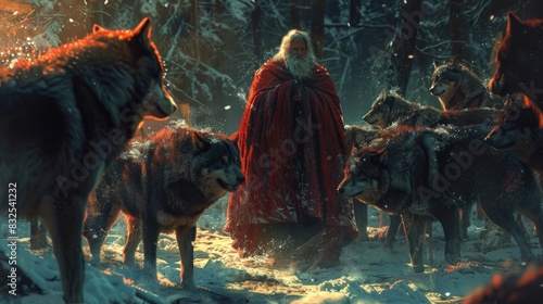 A man in a red cloak is surrounded by wolves, great for use in fantasy or horror scenes