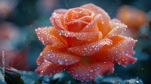 A dewy rose in full bloom, with drops of water glistening on its velvety petals