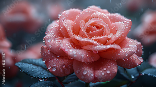 A dewy rose in full bloom, with drops of water glistening on its velvety petals