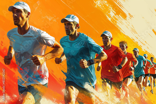 Vector illustration style. “Vibrant Marathon Runners in Action”. The colors bright and vibrant to reflect energy and movement, with the runner's expressions, outdoor activities around them.