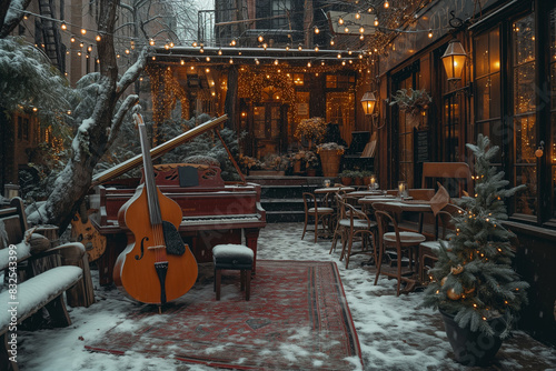 there is a piano and a cello in a snowy courtyard