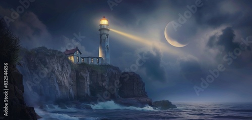 A crescent moon over an old, abandoned lighthouse on a cliff, the beam of the lighthouse and the moonlight mingling over a stormy sea.